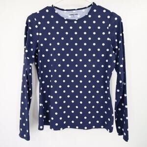 Lands End Navy Blue White Polka Dot Long Sleeve Round Neck NWOT Size XS 2-4